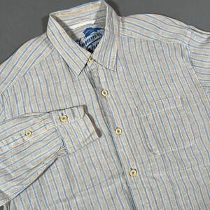 Tommy Bahama Relax Linen Shirt Mens M Gray Blue Striped Button Up Coastal Beachy